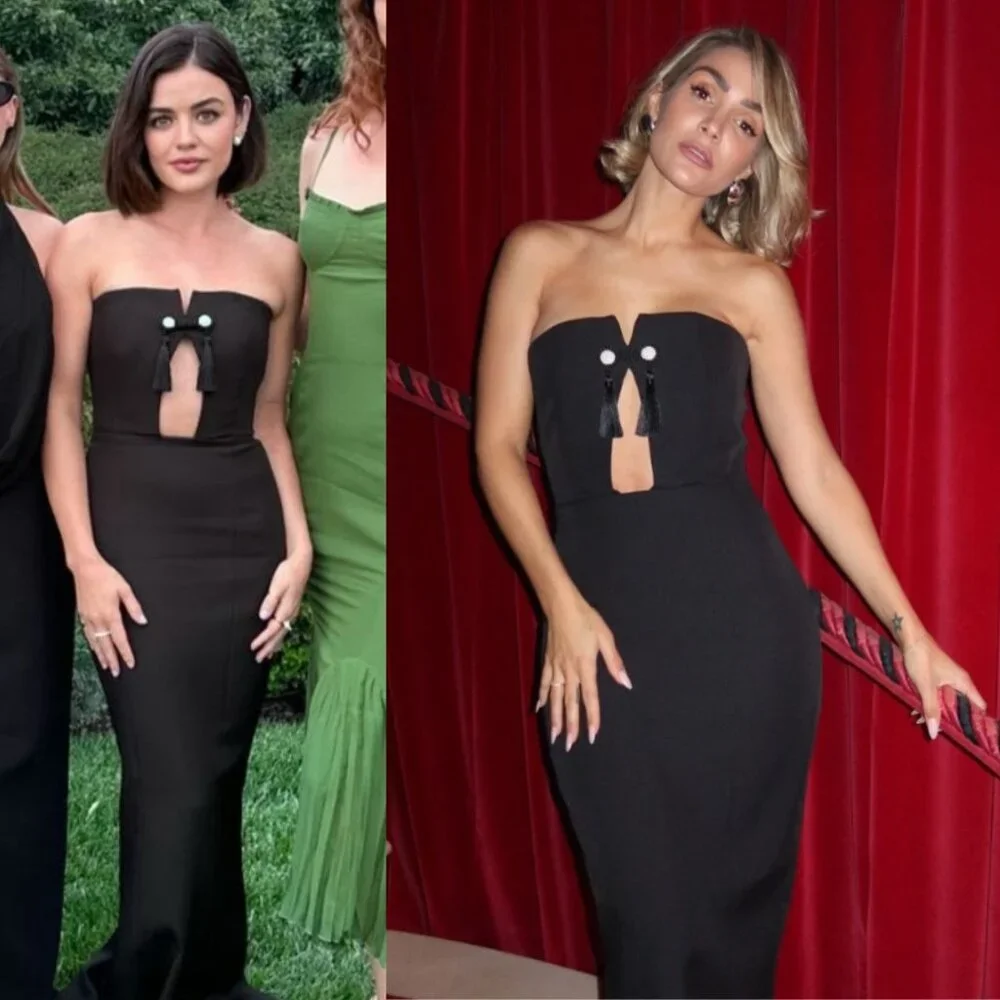 Sau Lee Imani Gown Black Tassel Strapless Keyhole Maxi Dress Size 10 - Picture 2 of 11